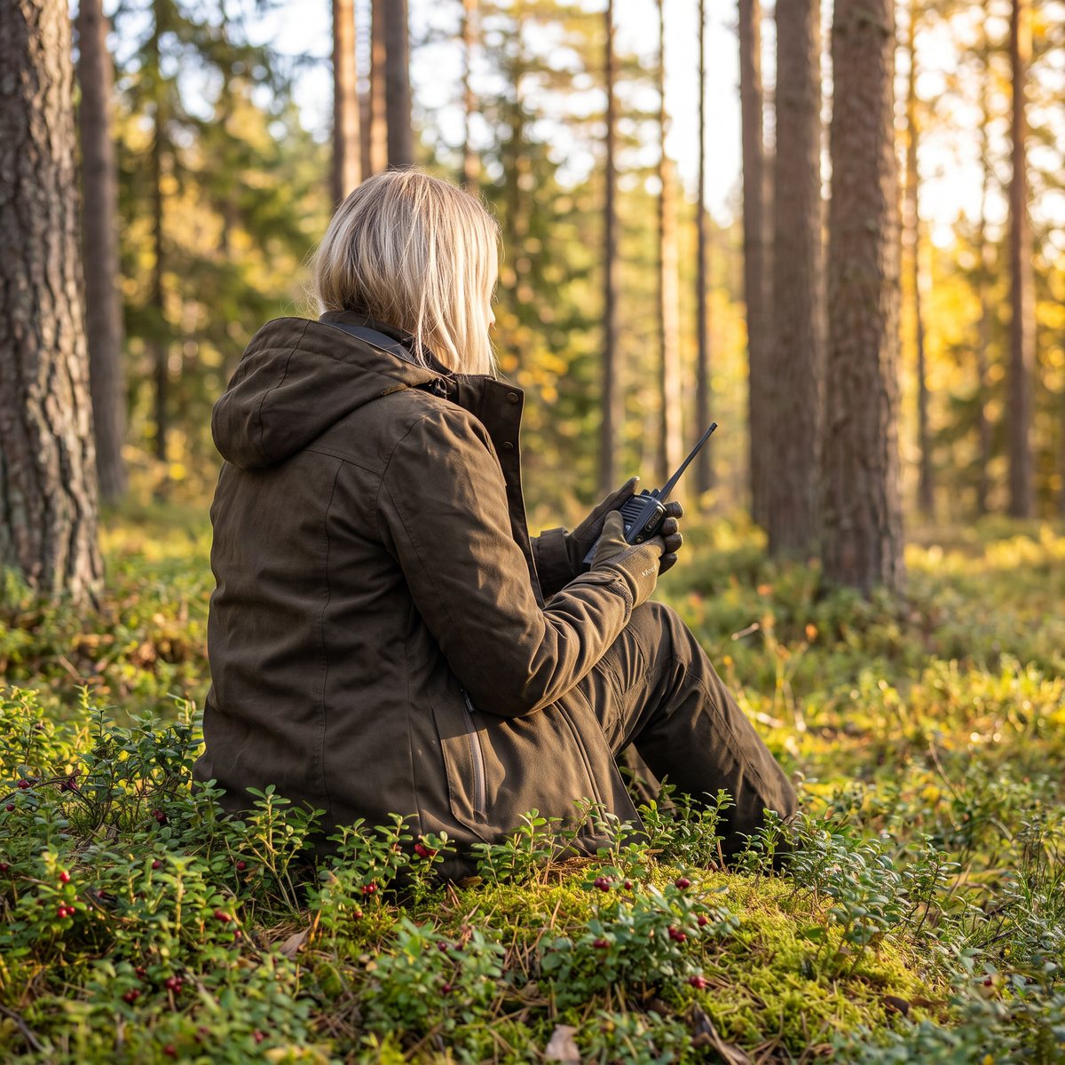 Hundförare i Pumori Sarek med en handburen radio sittande på mossa och lingonris under tallar i höstsol