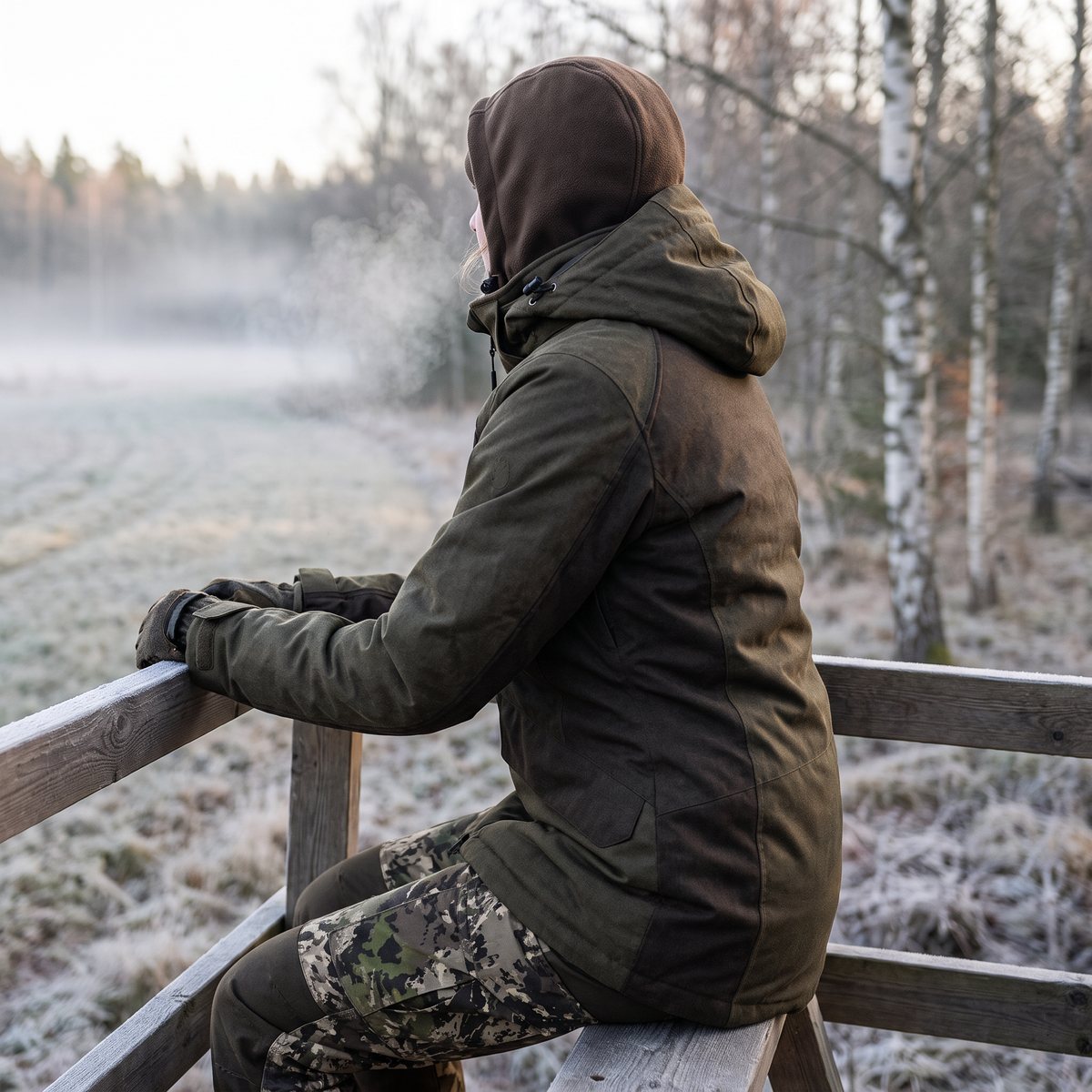 Jägare i Seeland Avail Aya på ett högpass vid en frostig åkerkant med björkar i morgondis