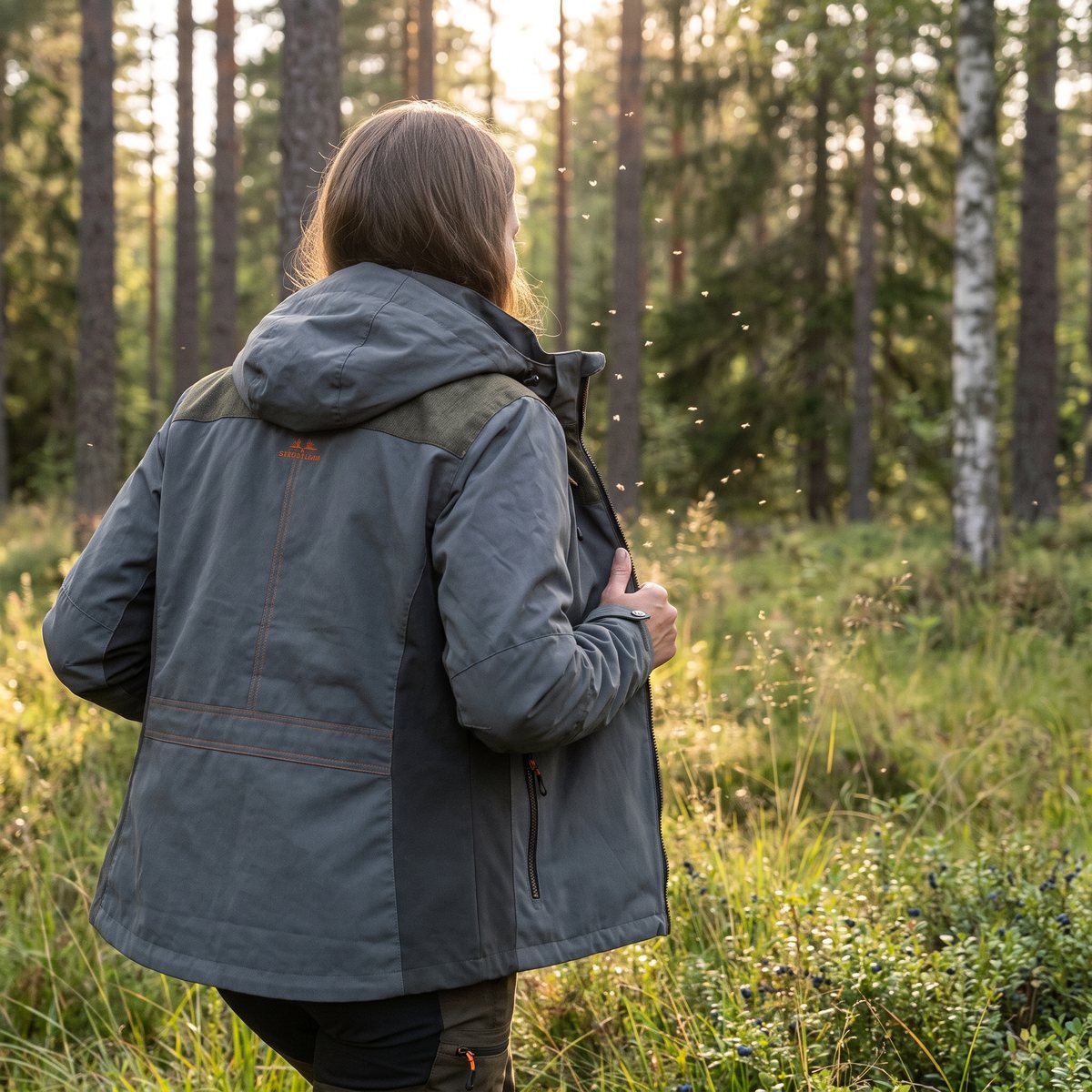 Person i Swedteam Lynx Antibite på väg genom en svensk skog med blåbärsris och myggor i kvällssol