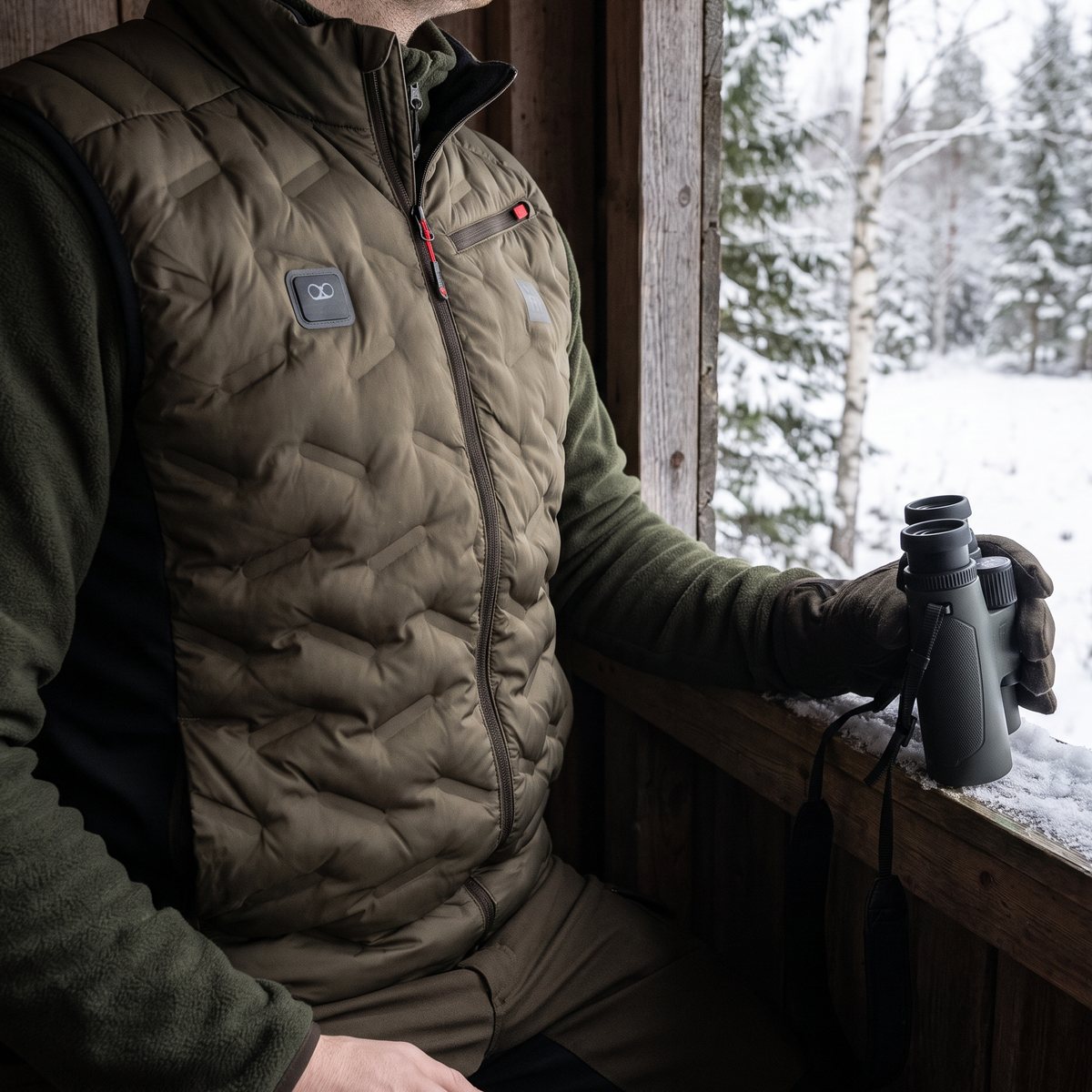 Härkila Clim8 Insulated, en olivgrön dunväst, på en jägare med kikare i ett jakttorn med utsikt över ett snöigt svenskt hygge