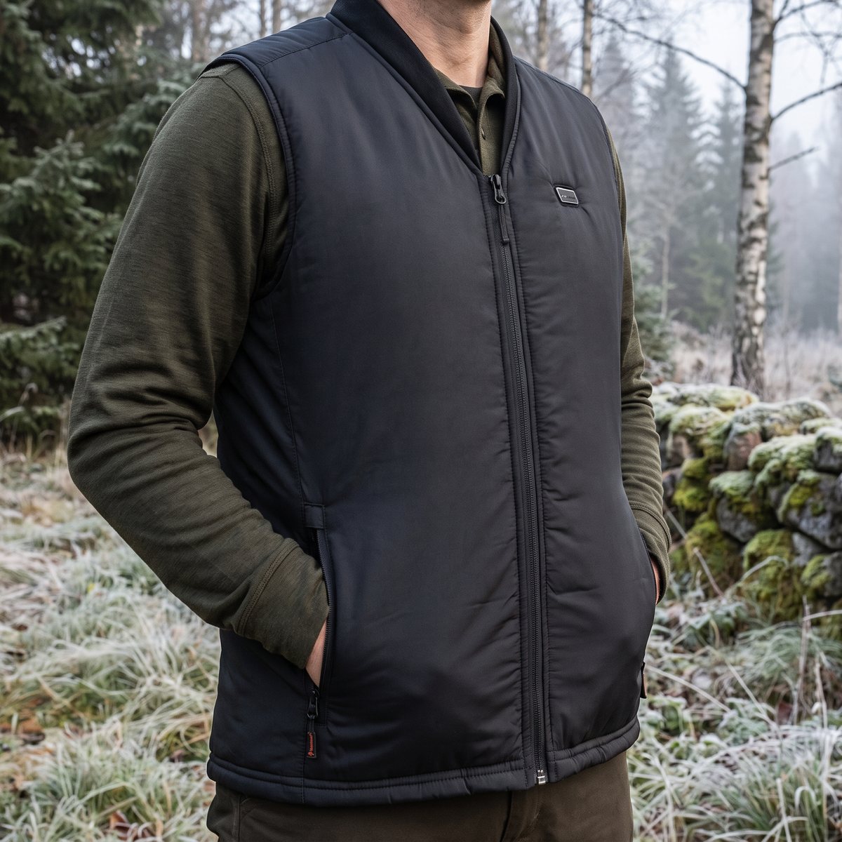 Pinewood Ultra Body-Heat, en svart lätt vadderad väst, på en jägare med händerna i framfickorna vid en frostig svensk skogskant