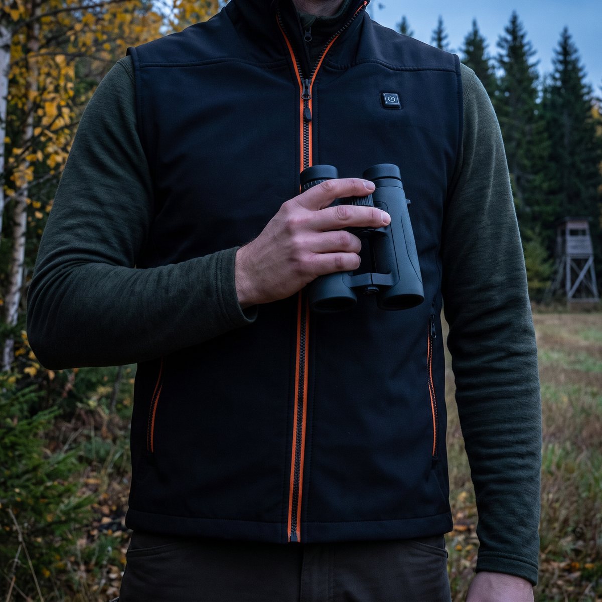 Pumori Comfort Heat, en svart softshellväst med orange dragkedja, på en jägare med kikare vid en svensk skogskant på hösten