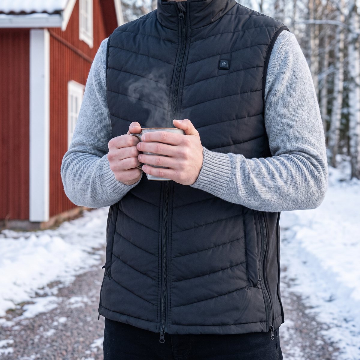 Rubicson värmeväst, en svart vadderad väst, på en person med en varm mugg framför ett rött trähus en snöig vinterdag