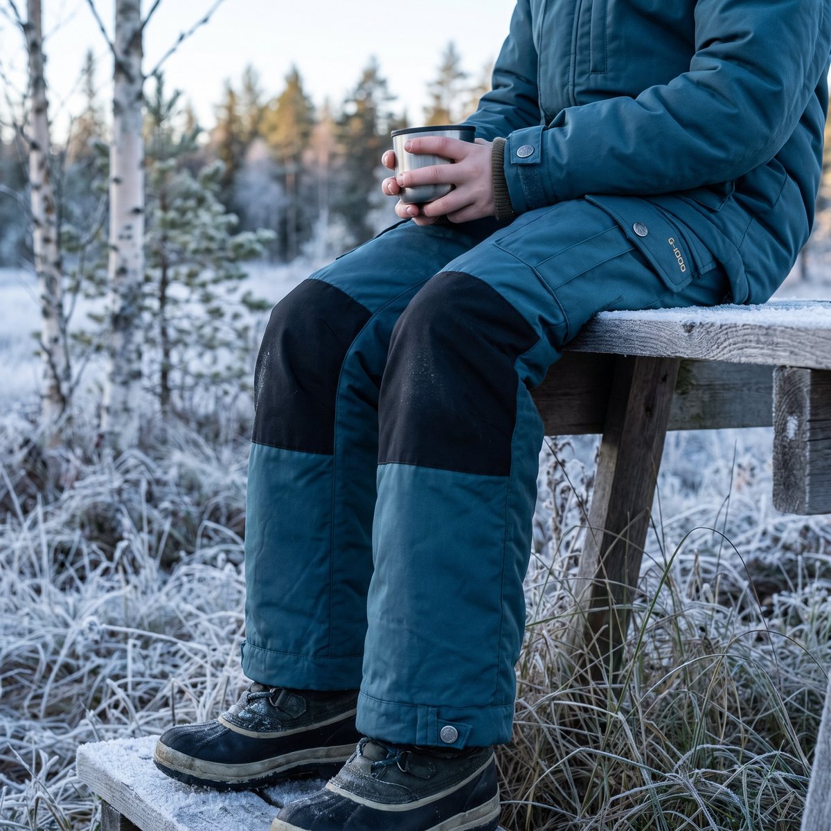 Barn i fodrade blågröna Fjällräven Kids Vidda Padded Trousers sitter med en termosmugg på en frostig bänk vid en svensk myr