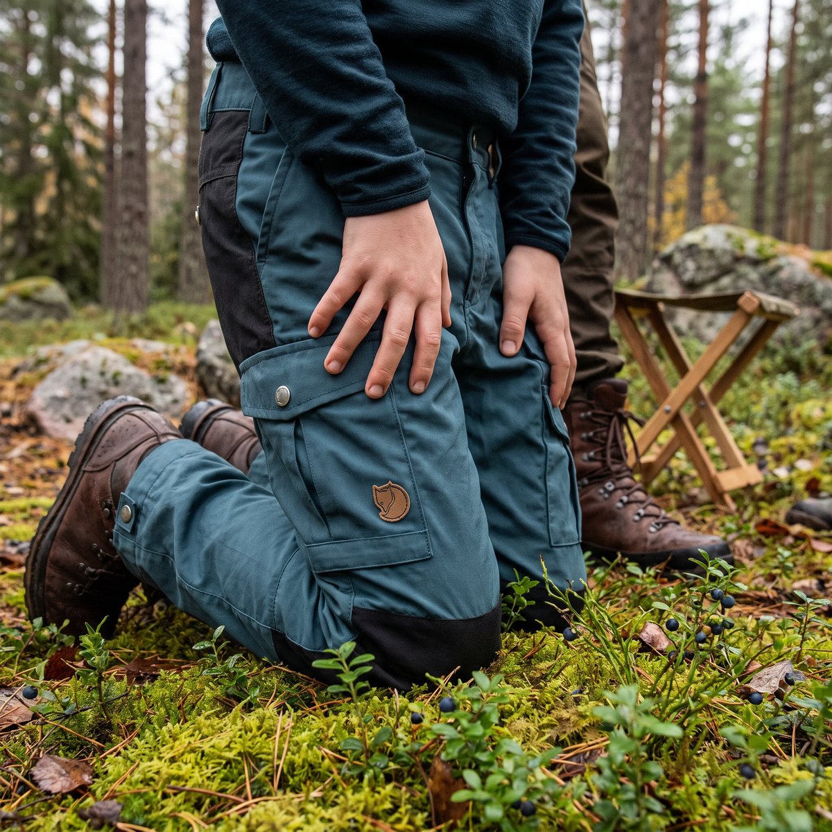 Barn i blågröna Fjällräven Kids Vidda Trousers med svarta knäförstärkningar knäböjer på mossa i en svensk tallskog på hösten