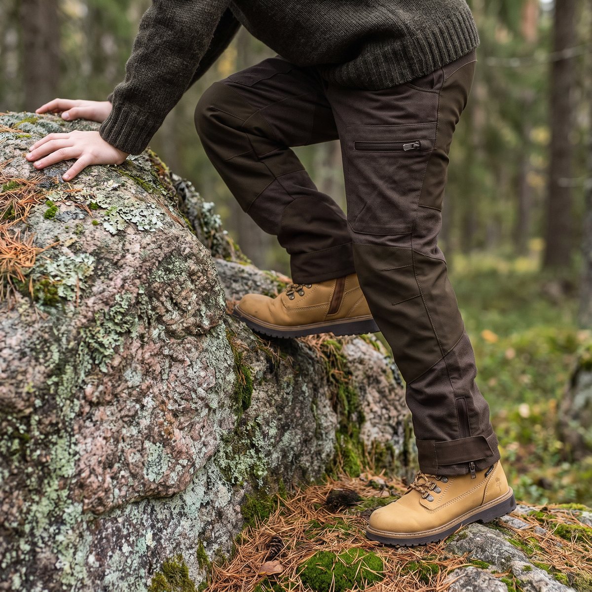 Barn i bruna Pinewood Caribou Hunt-jaktbyxor klättrar upp på ett lavklätt granitblock i en svensk granskog