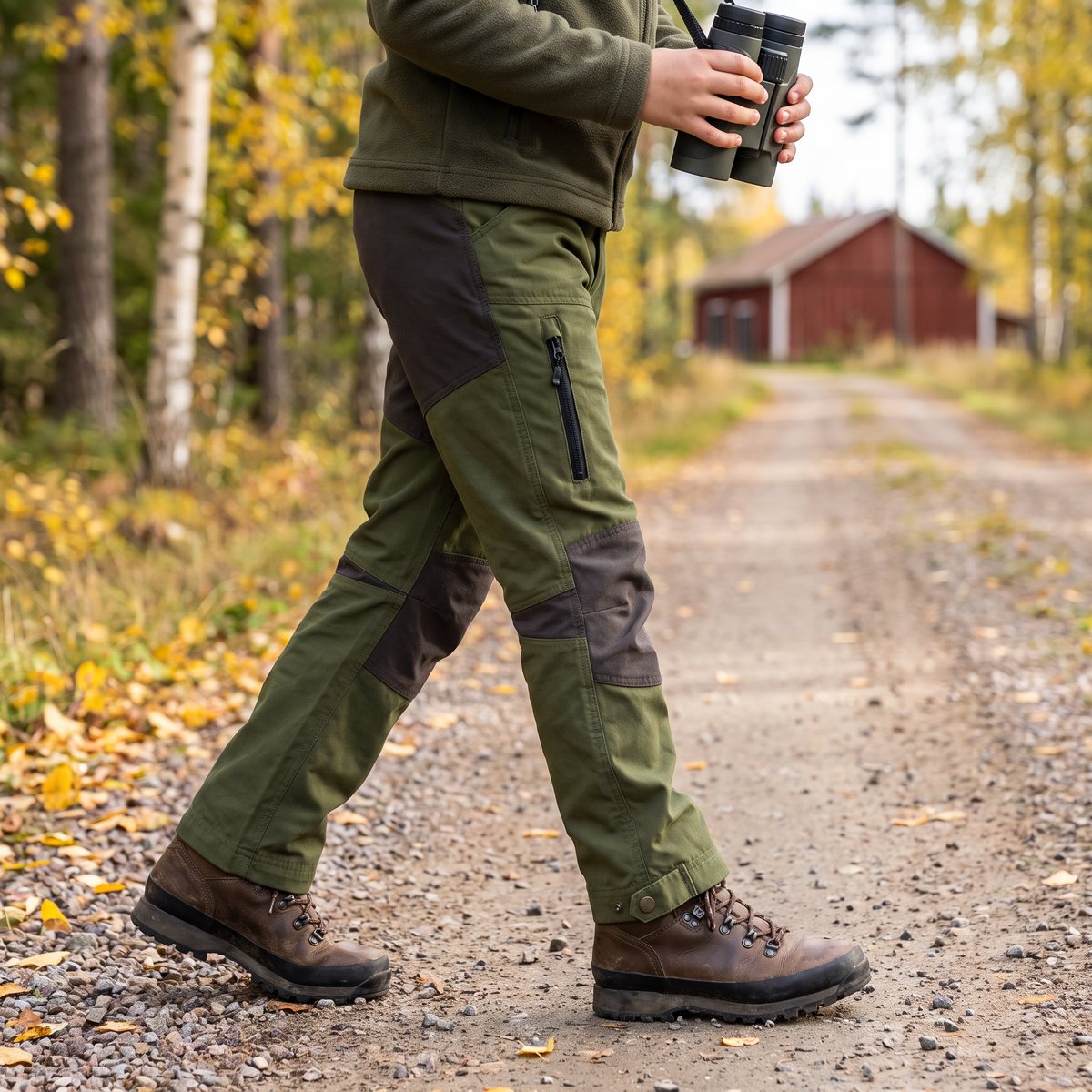 Barn i jaktgröna Swedteam Lynx JR Trousers går på en grusväg genom svensk björk- och tallskog en torr höstdag