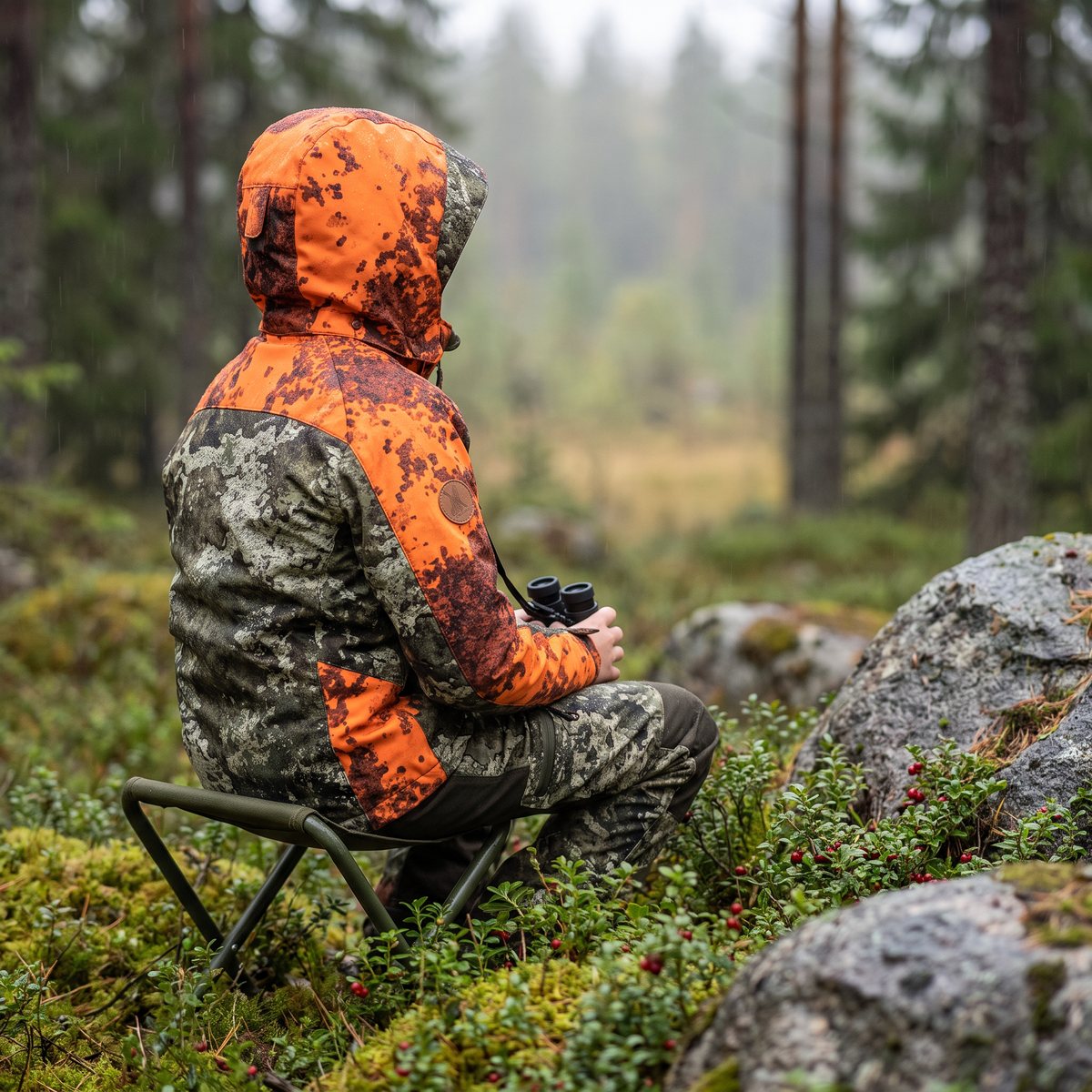 Barn i Pinewood Furudal Active Camou-jacka med huvan uppe sitter på en jaktstol i en regnig svensk granskog med mossa och lingonris