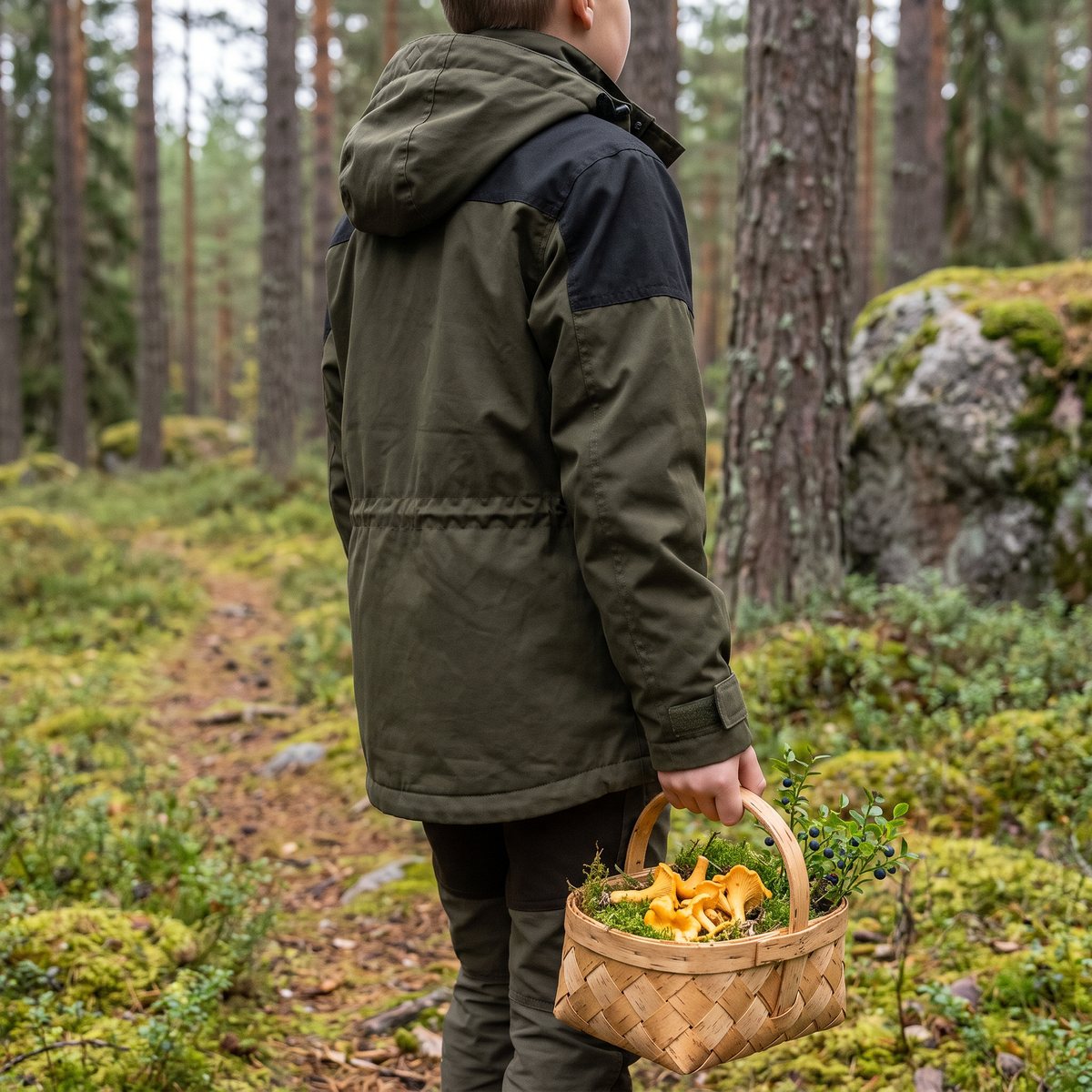 Barn i mossgrön Pinewood Lappland Extreme 2.0-jacka bär en näverkorg med kantareller på en stig i svensk tallskog
