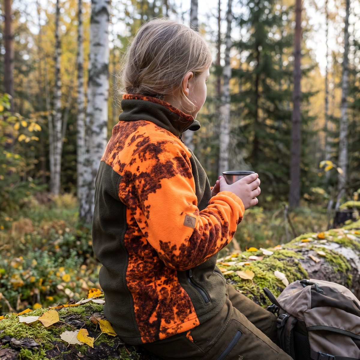 Barn i Pinewood Oviken-fleecejacka sitter på en mossig stock i svensk björkskog med en mugg varm dryck