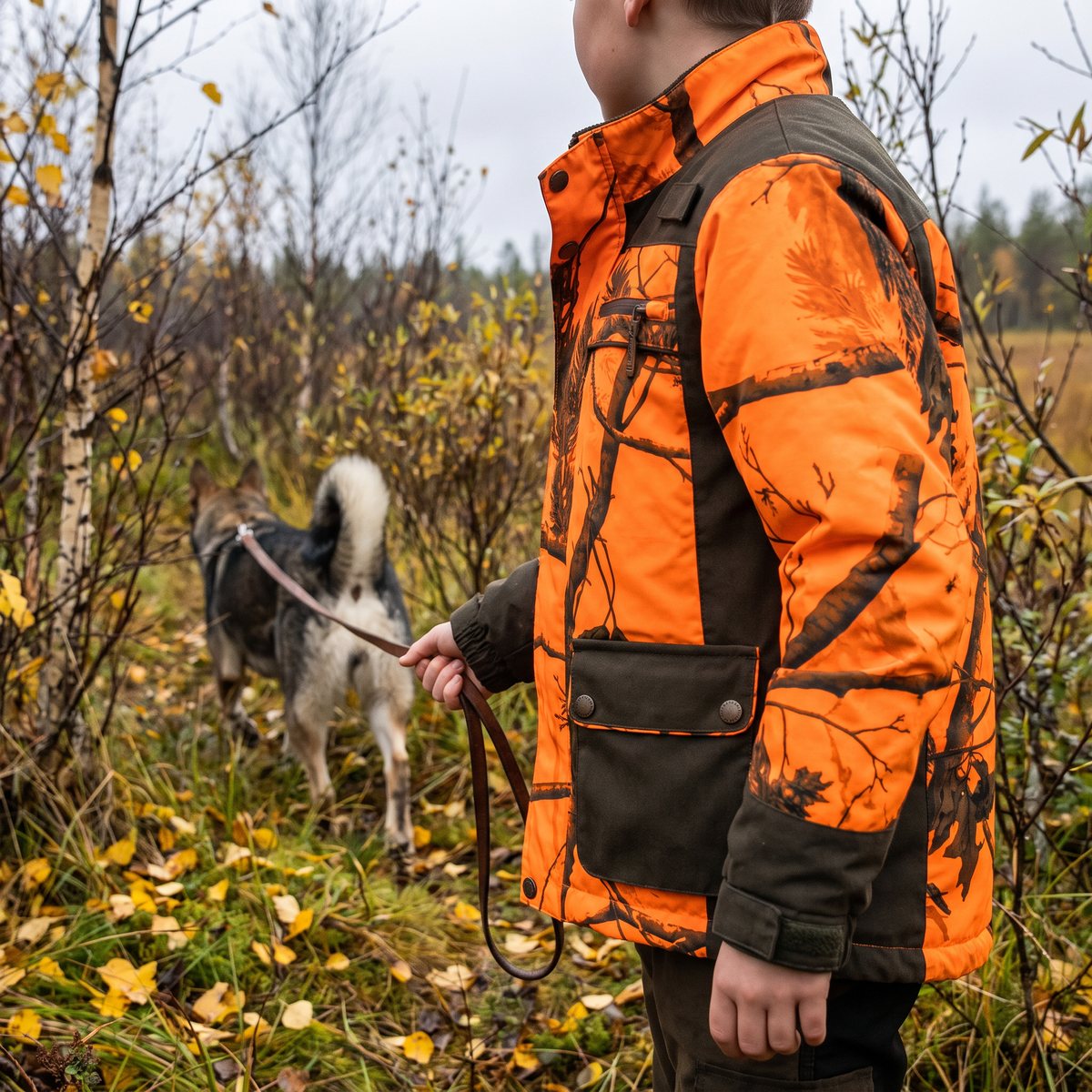 Barn i orange Pinewood Wolf Lite Camou-jacka går med hund i koppel genom höstigt sly vid en svensk myr