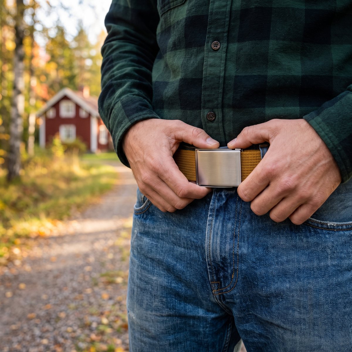 Fjällräven Canvas Belt i ockragul canvas med blankt metallspänne på jeans, framför en röd stuga vid en svensk grusväg