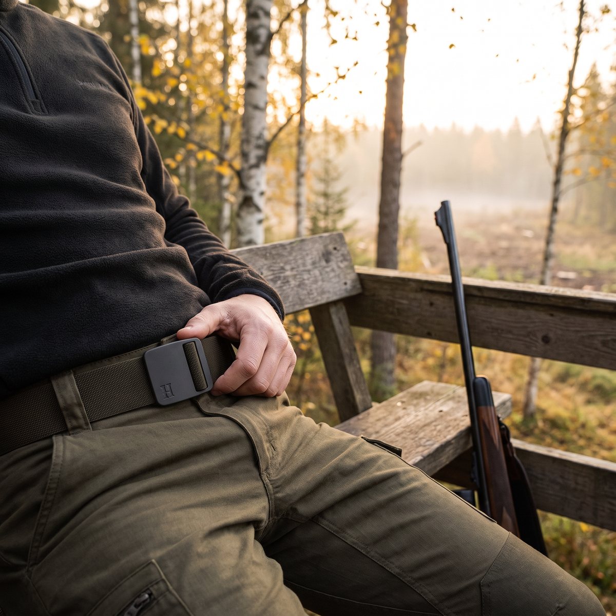 Härkila Tech Bälte med svart gummerat spänne på en jägare som sitter på ett jakttorn i en dimmig svensk höstskog