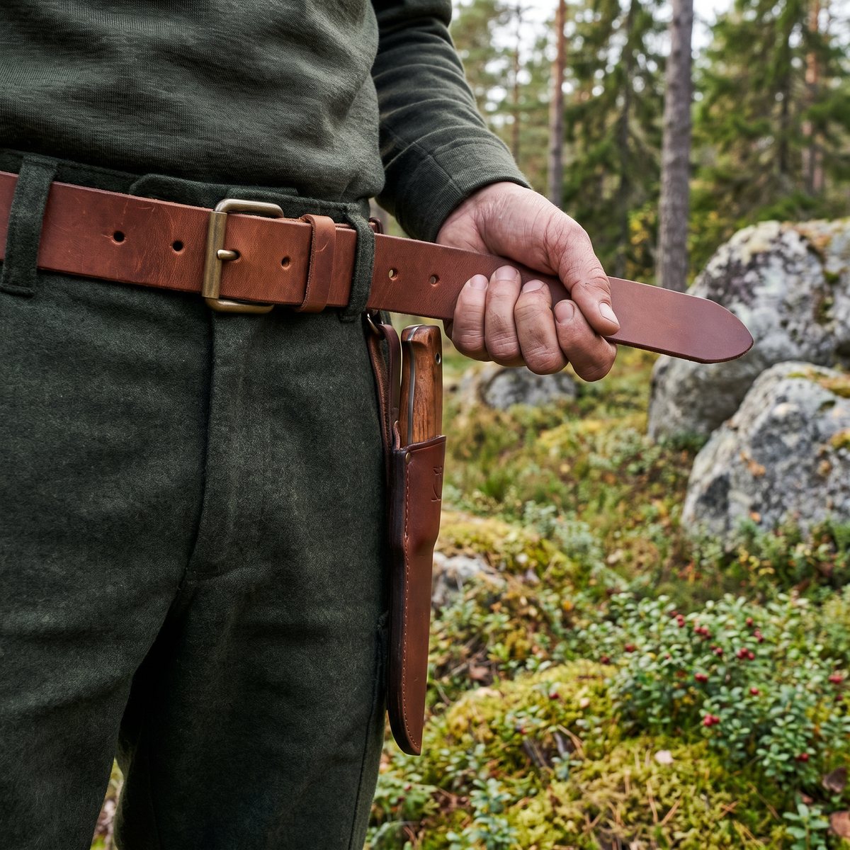 Lundhags Venture Belt i brunt läder med knivslida på höften, på gröna jaktbyxor i en svensk tallskog med lingon och granitblock