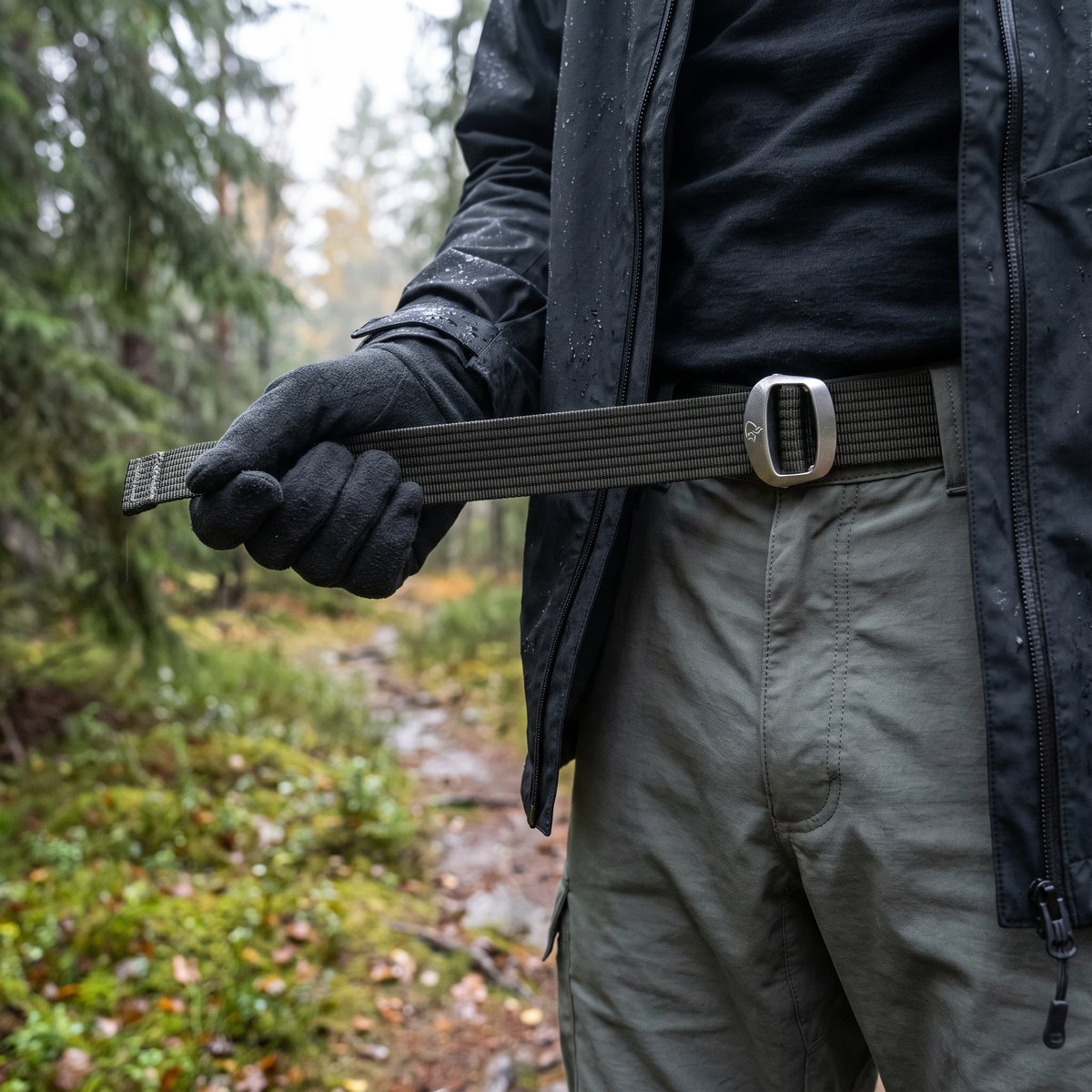 Norrøna Femund Webbing Tech i mörk nylon med stegslöst spänne som dras åt med handske i en regnig svensk granskog