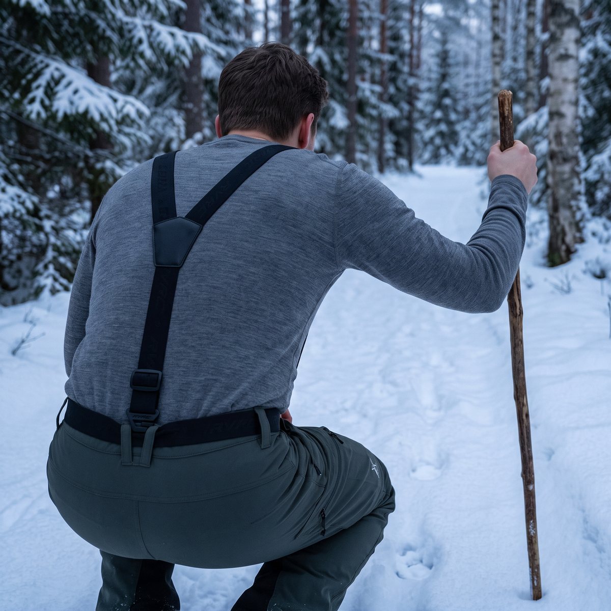 Svarta hängslen fästa i bältesöglorna på en person som sitter på huk vid spår i snön i en svensk vinterskog