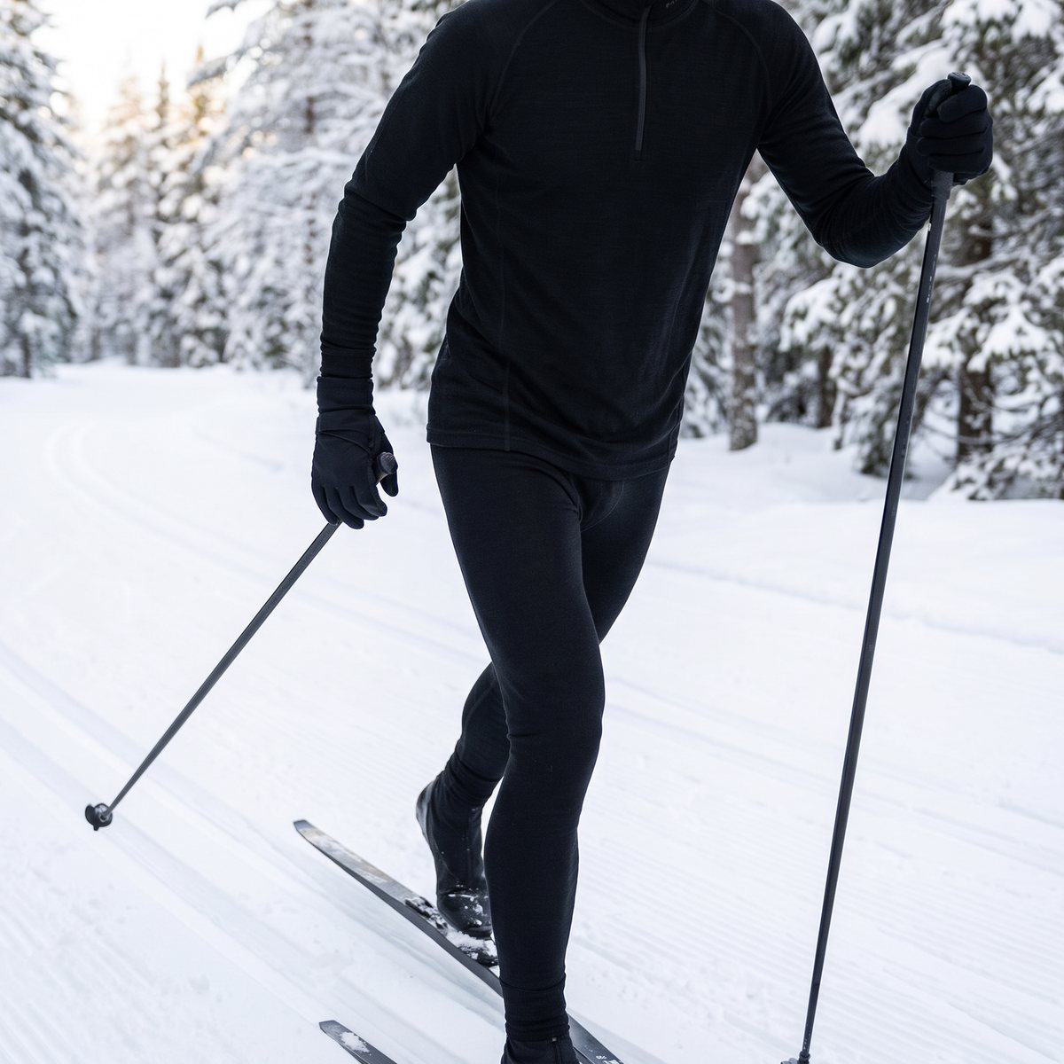 Längdskidåkare i svart underställströja med halv dragkedja i ett skidspår genom snötäckt svensk granskog