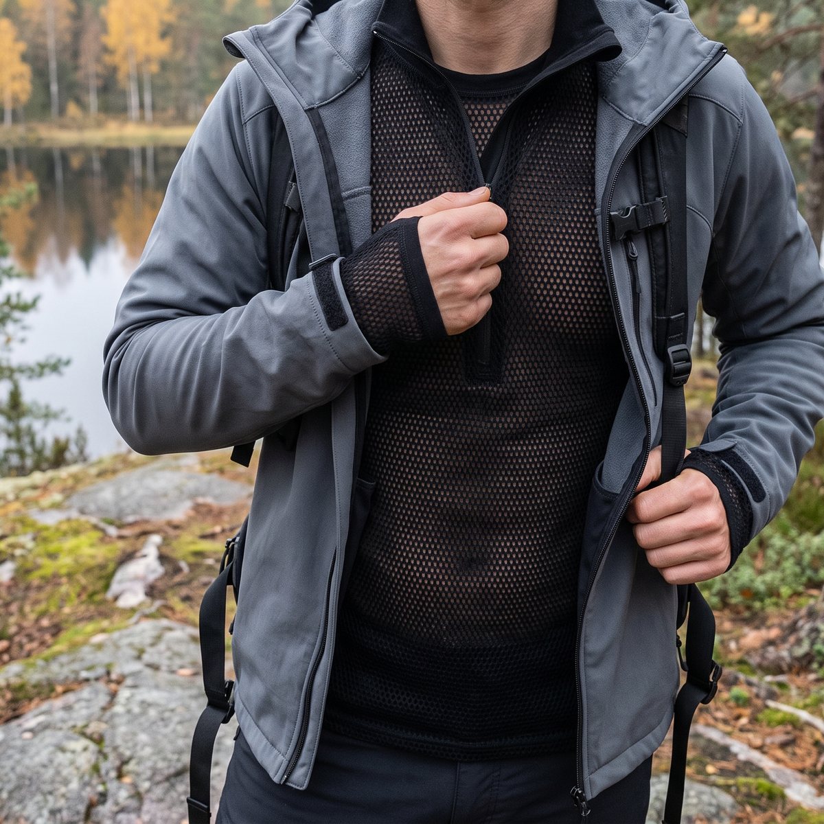 Vandrare på en granithäll vid en svensk skogssjö på hösten med öppen jacka och svart meshtröja med halv dragkedja