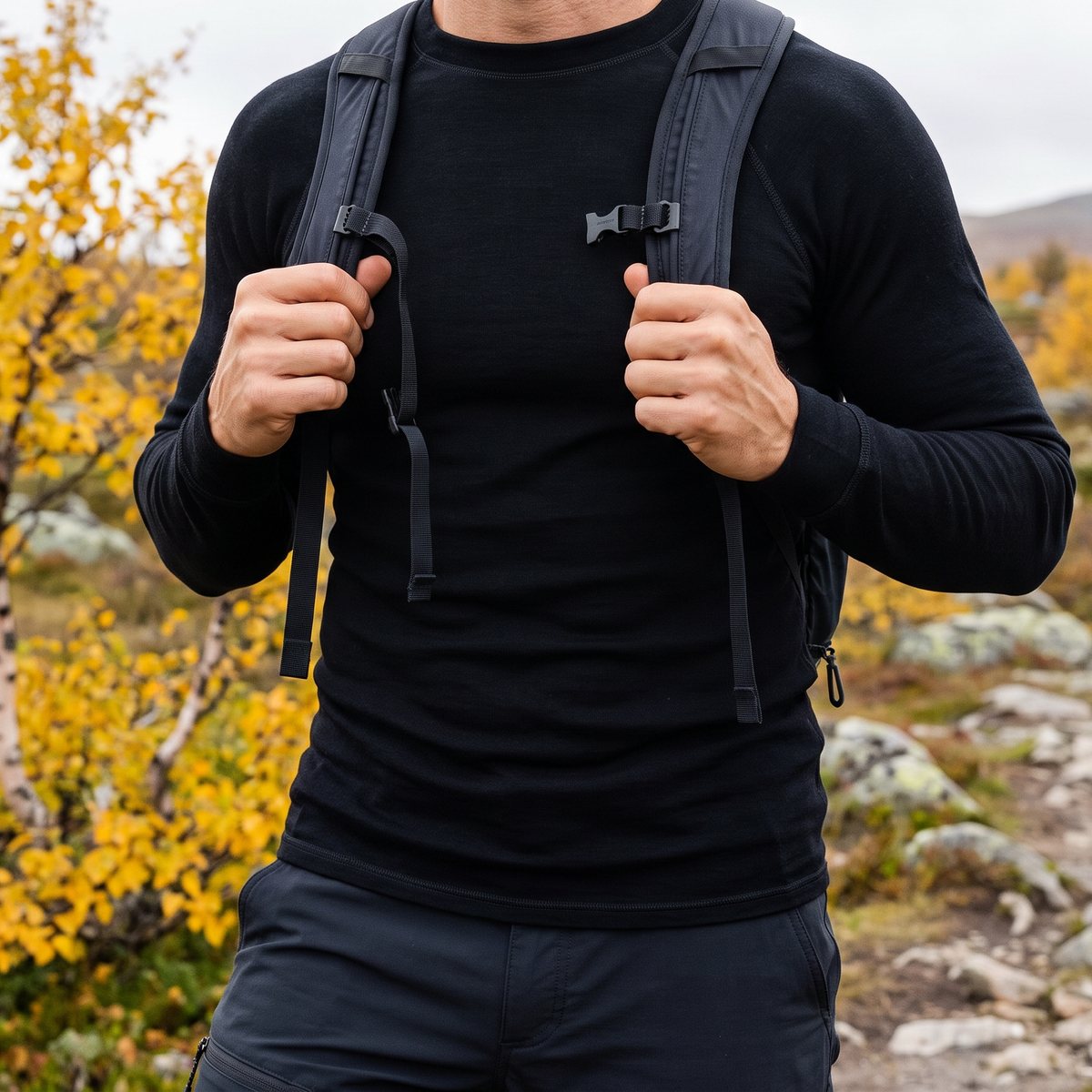 Vandrare i svart underställströja med rundhals och dagsryggsäck i fjällbjörkskog med gula höstlöv
