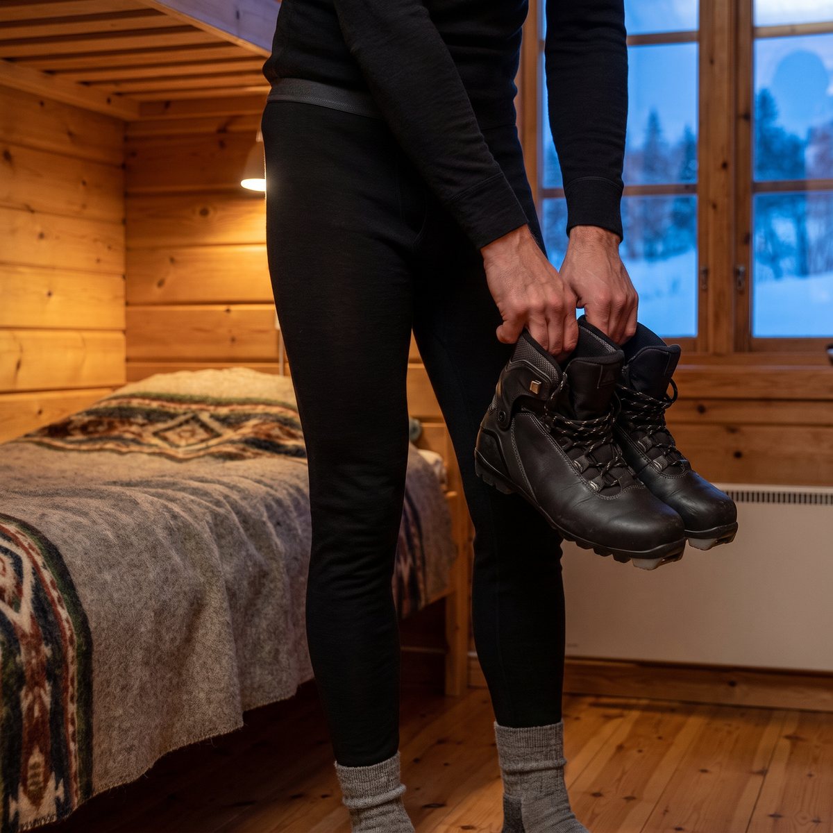 Svarta Aclima WarmWool Longs på en man med längdskidpjäxor i handen i en timrad fjällstuga en vinterkväll