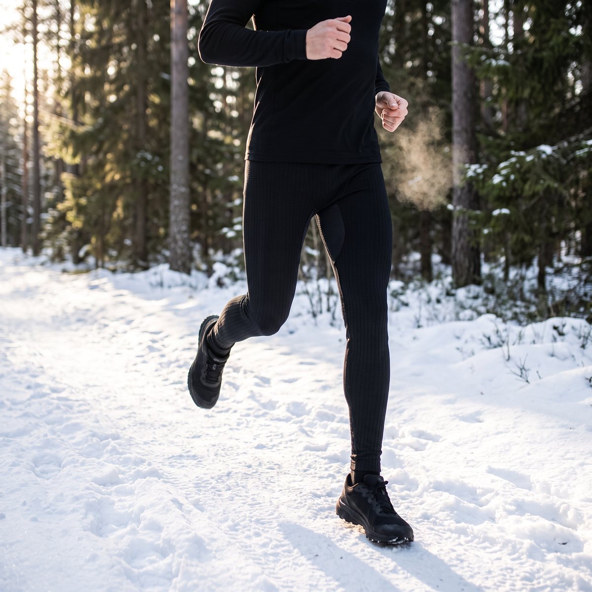 Svarta Craft Active Extreme X Pants i våffelstickad syntet på en löpare på en snöig skogsstig mellan granar i vintersol