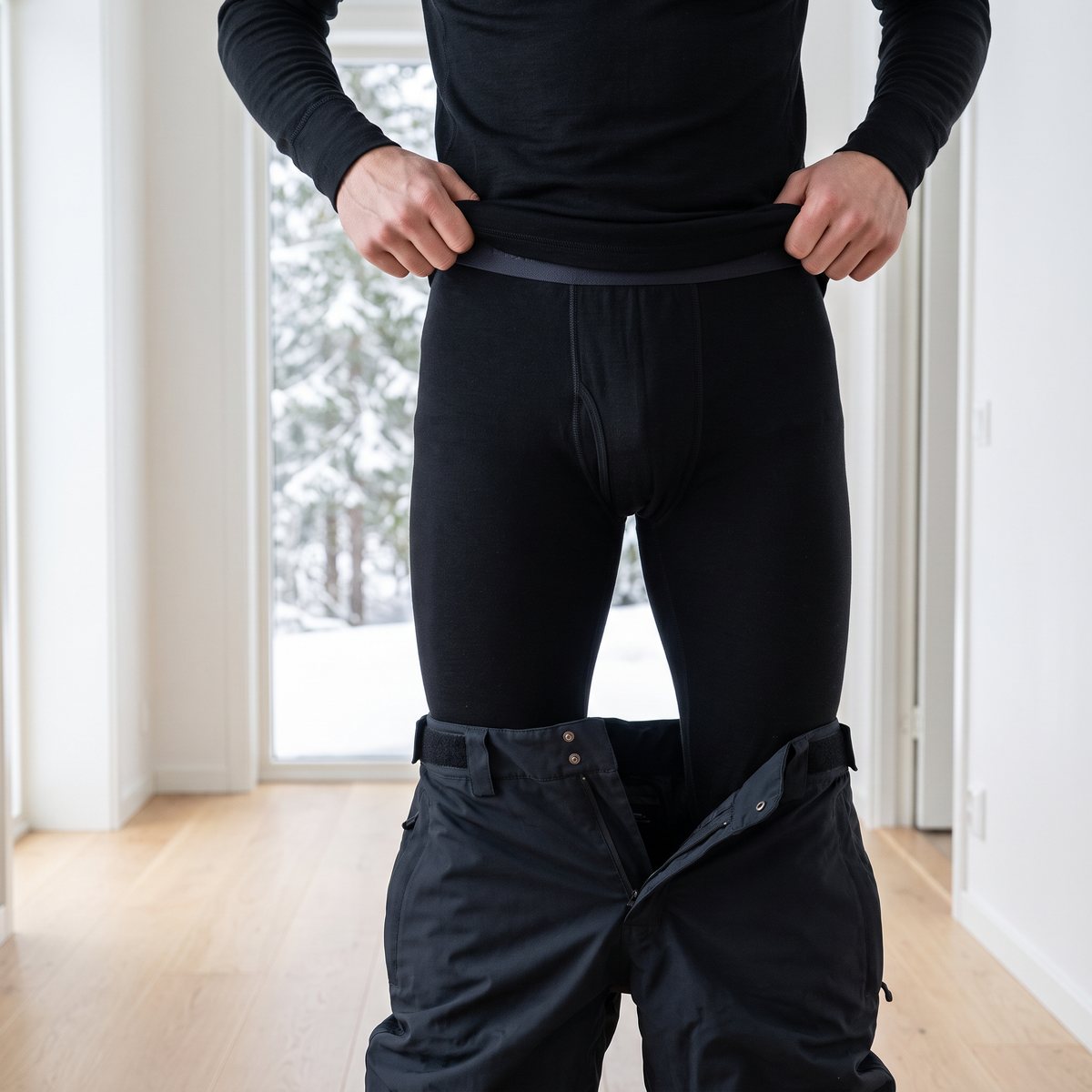 Svarta Devold Duo Active Merino 205 Long Johns på en man som drar på sig skidbyxor i en ljus svensk hall med snöig granskog utanför