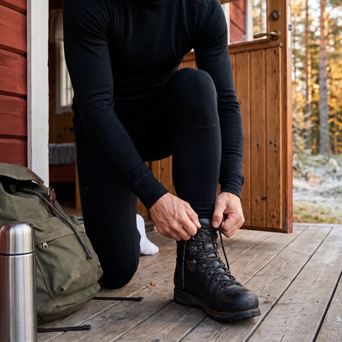 Svarta RevolutionRace Route Merino Warm Base Layer Pants på en man som knyter kängorna på verandan till en röd stuga med frostig tallskog