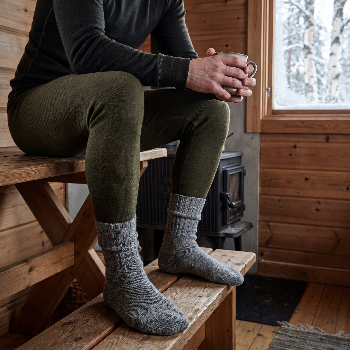 Olivgröna Woolpower Long Johns 200 med grå ullsockor på en man som sitter stilla på en träbänk i en fjällstuga med vedkamin och snöiga björkar utanför fönstret