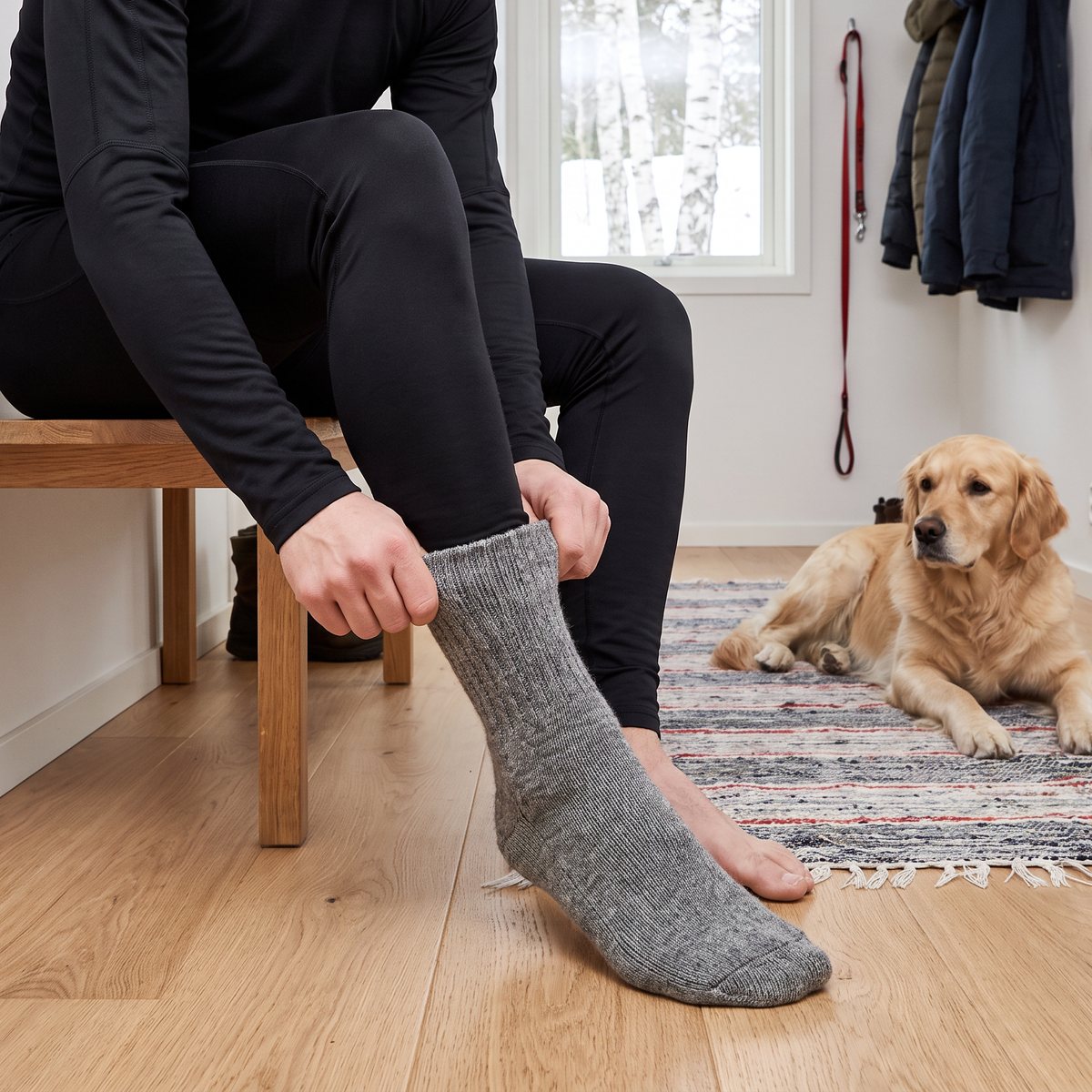 Svart syntetunderställ, tröja och långkalsong, på en person som drar på ullsockor i en svensk hall med hund och koppel