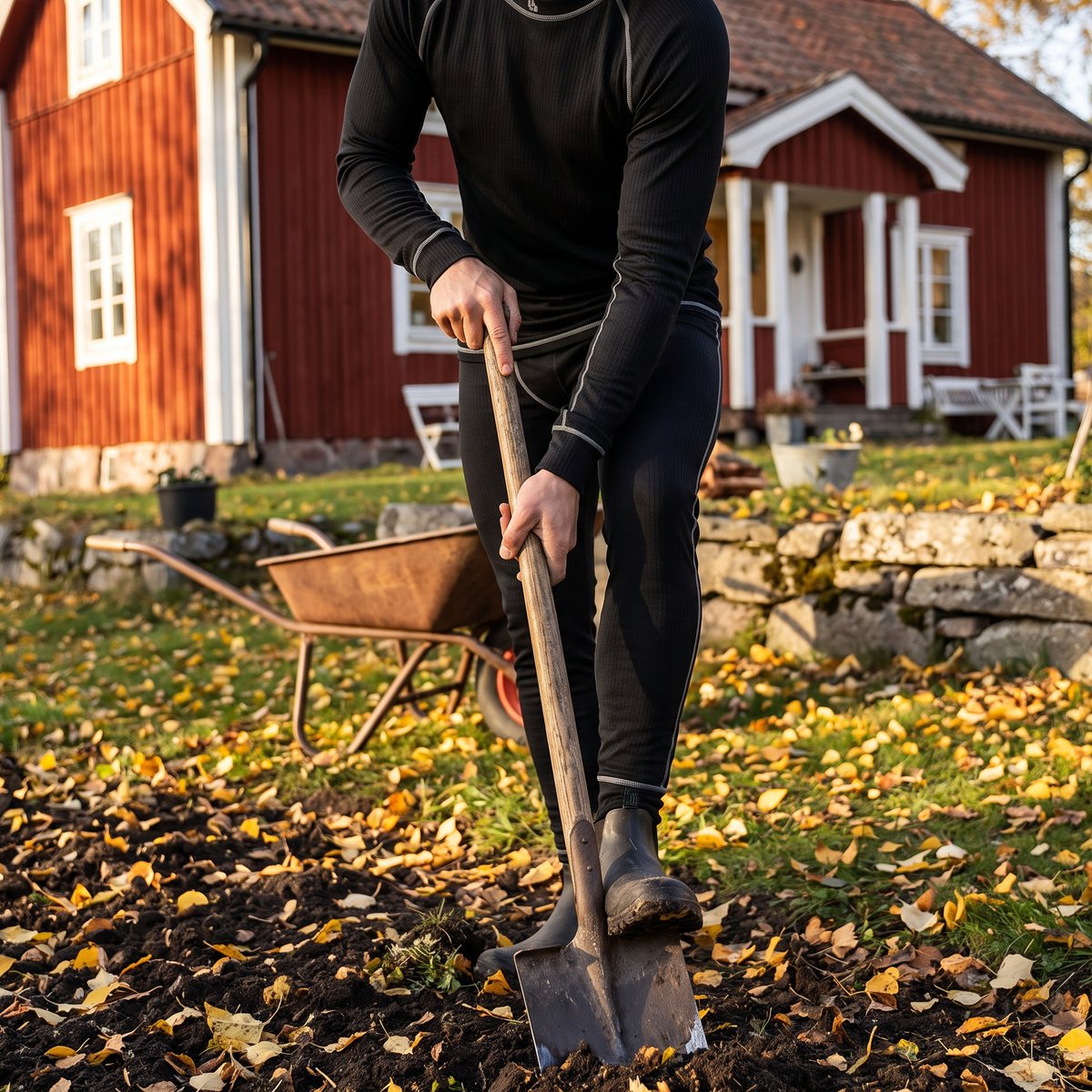 Svart rundhalsad underställströja och långkalsong med grå sömmar på en person som gräver med spade framför ett rött trähus på hösten