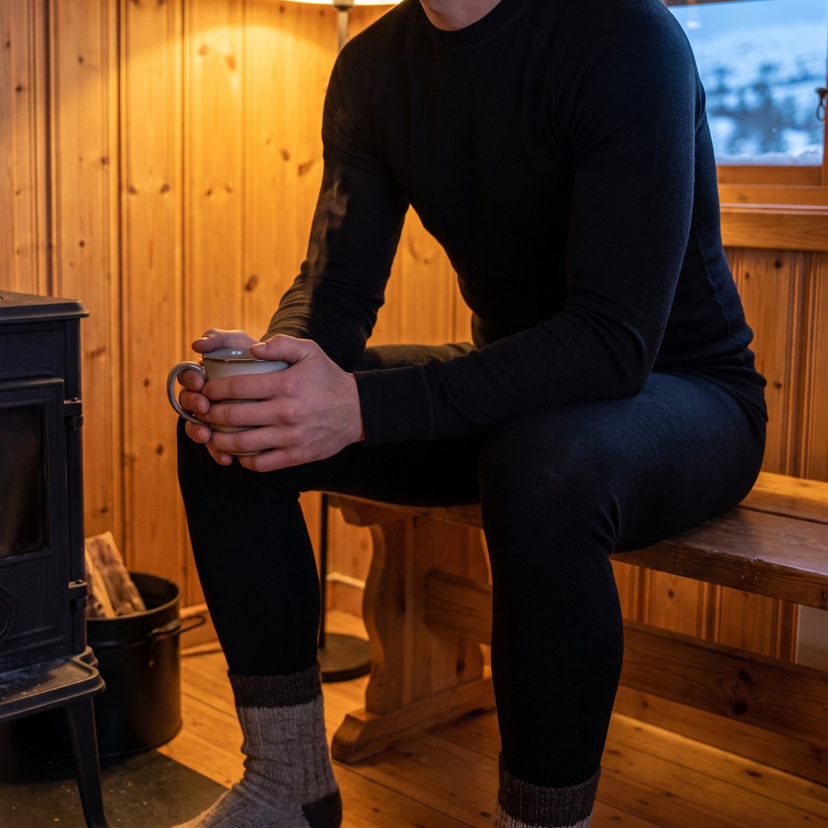 Svart merinounderställ, tröja och långkalsong, buret som enda lager vid kaminen i en fjällstuga med panelväggar