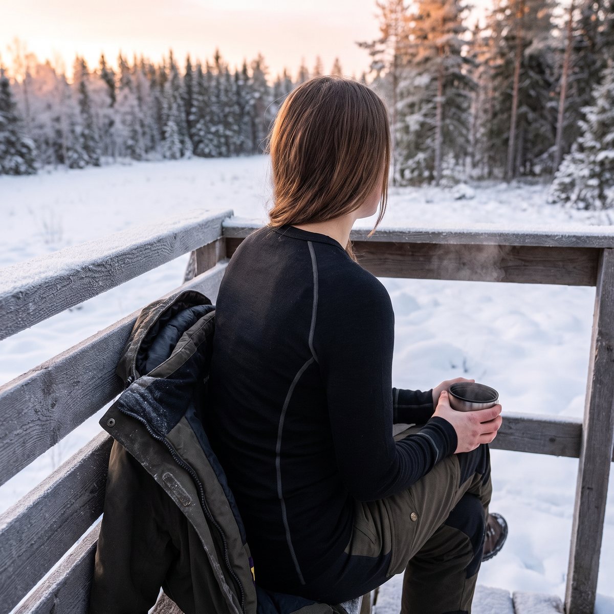 Kvinna i svart Devold-underställströja med raglanärmar sitter i ett jakttorn vid snöig granskog med en termosmugg