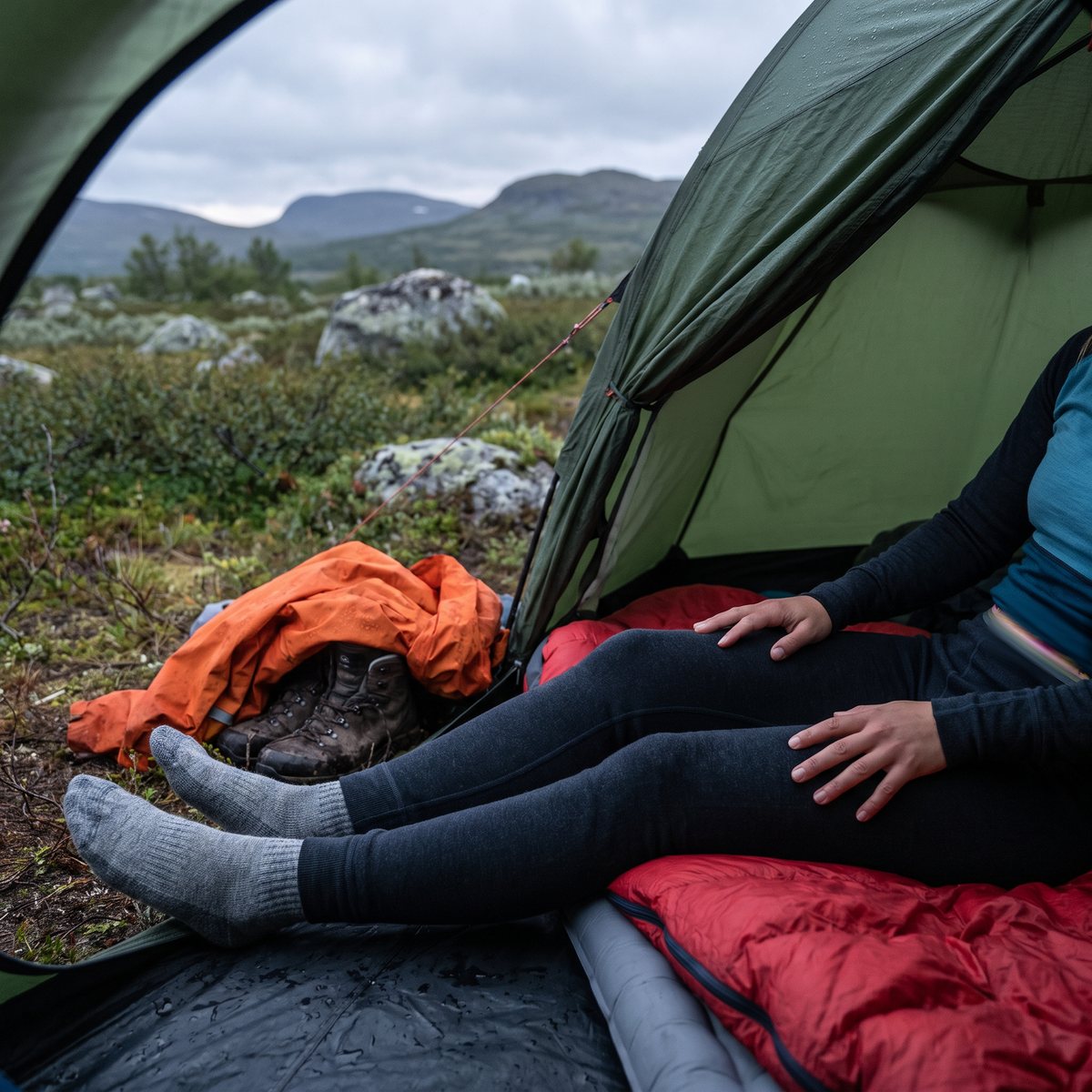 Kvinna i mörk Devold Lauparen merinobyxa sitter på sovsäcken i ett tält på svenska fjället med kängor och regnjacka vid tältöppningen