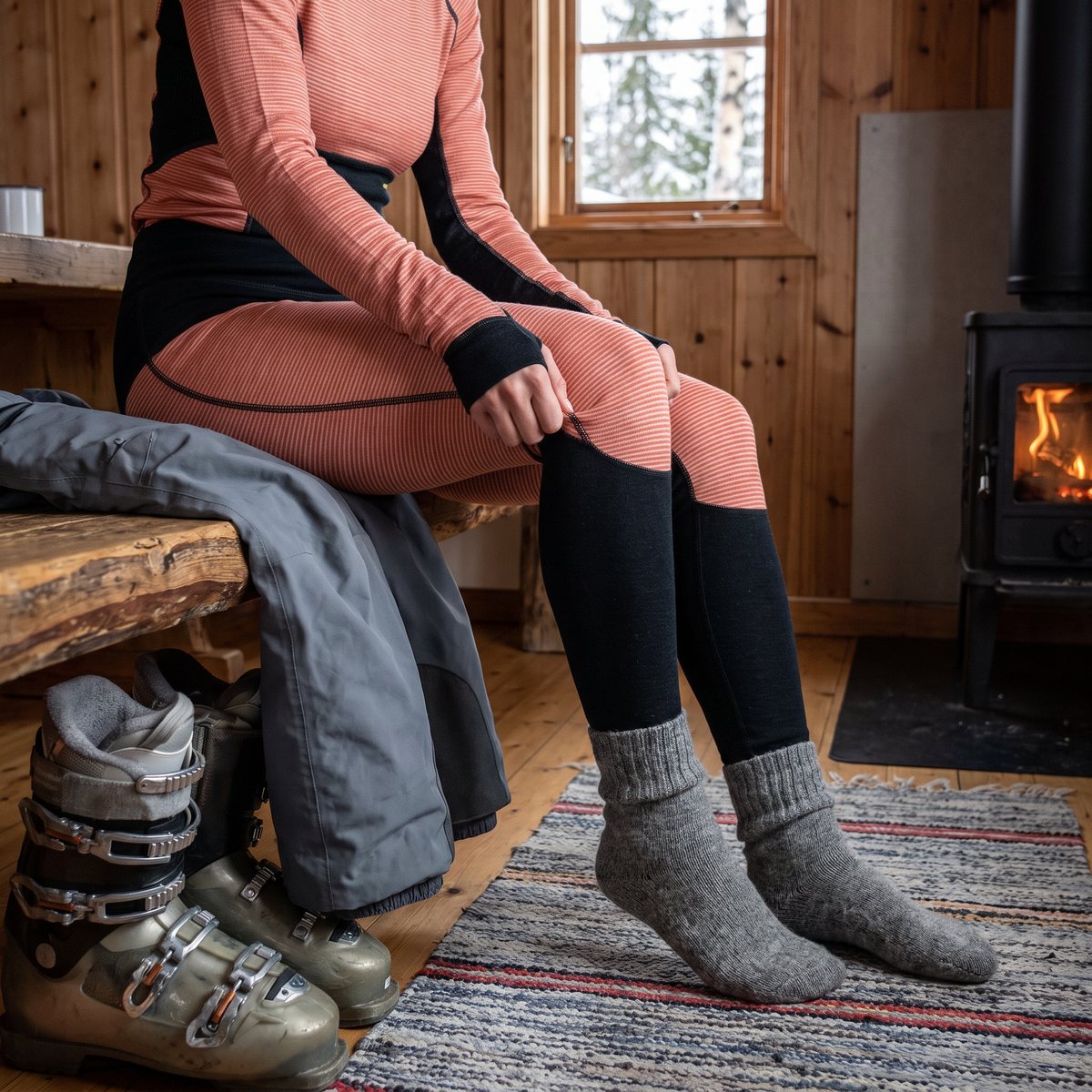 Kvinna i Devold Tuvegga merinobyxa med korallrandiga lår och svarta smalben sitter på en träbänk i en svensk fjällstuga med vedkamin, pjäxor och skidbyxa bredvid
