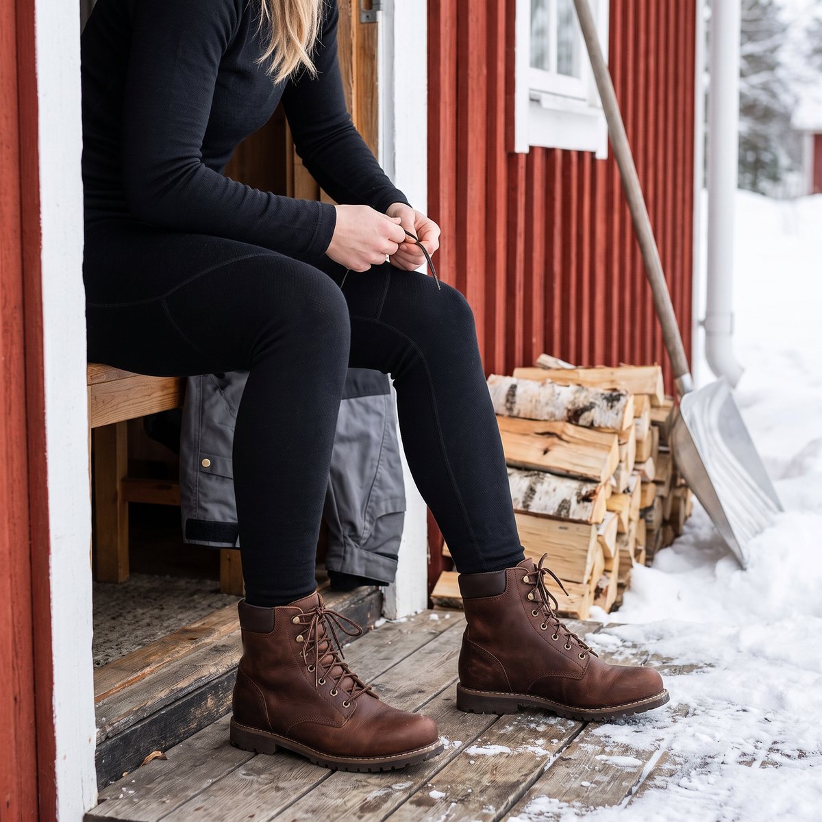 Kvinna i svart Helly Hansen Lifa Merino-underställ knyter arbetskängor i dörren till ett rött svenskt trähus med ved och snöskyffel
