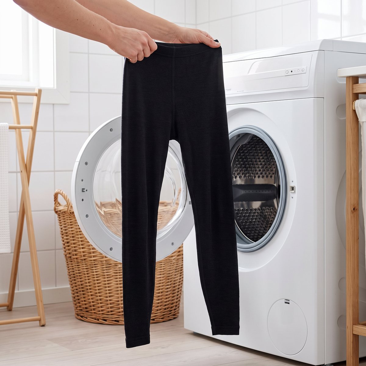 Svart Woolpower Long Johns Lite lyfts ur en frontmatad tvättmaskin i en ljus svensk tvättstuga