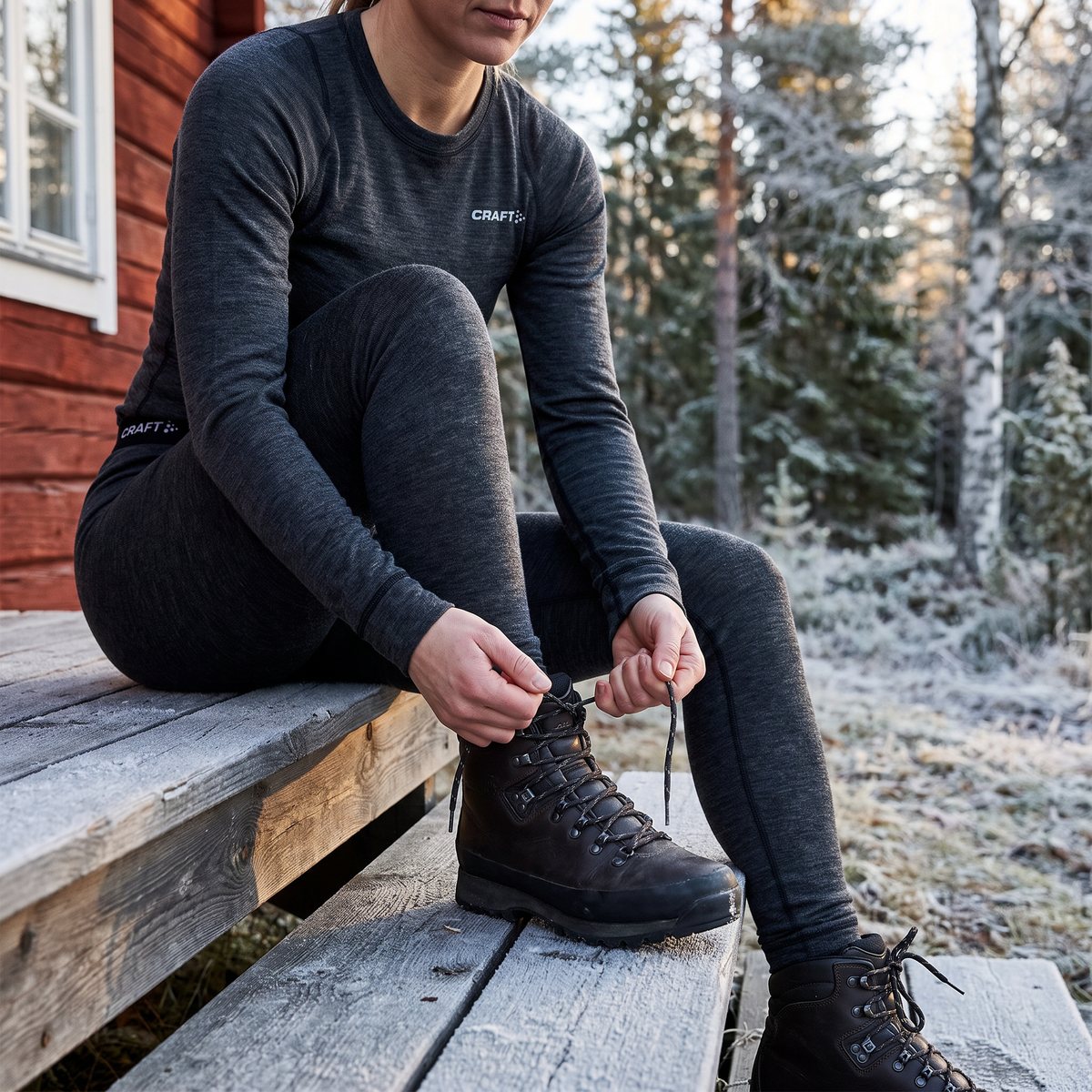 Kvinna i grått merinounderställ knyter kängorna på en trappa vid en röd stuga i frostig svensk skog