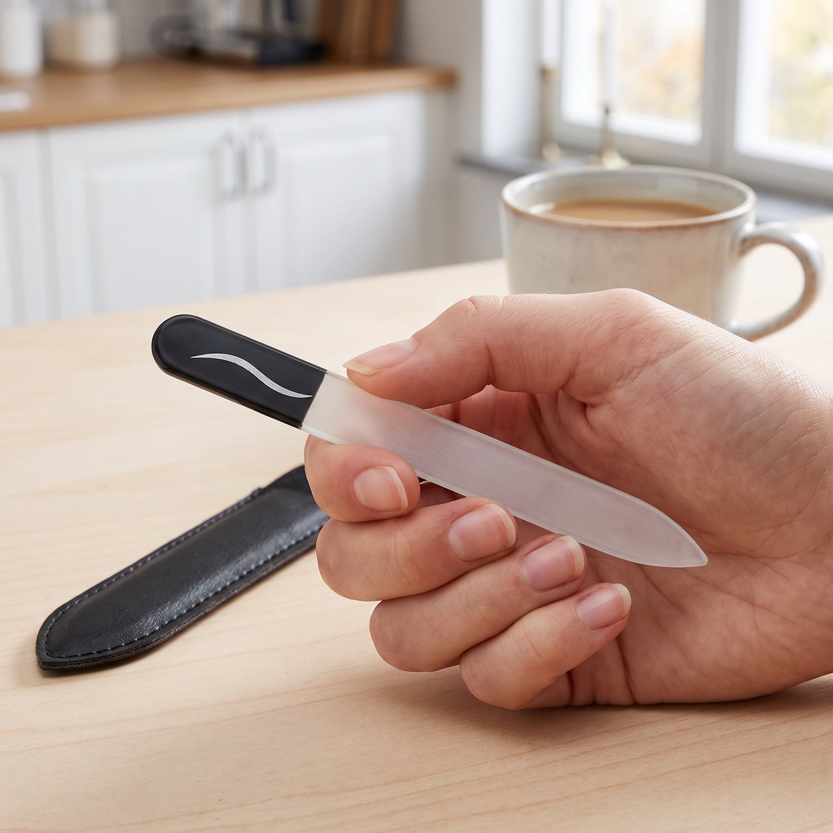 Hand håller en glasfil med svart topp ovanför ett köksbord i ljust trä, med det svarta fodralet bredvid och en kaffekopp i ett svenskt kök