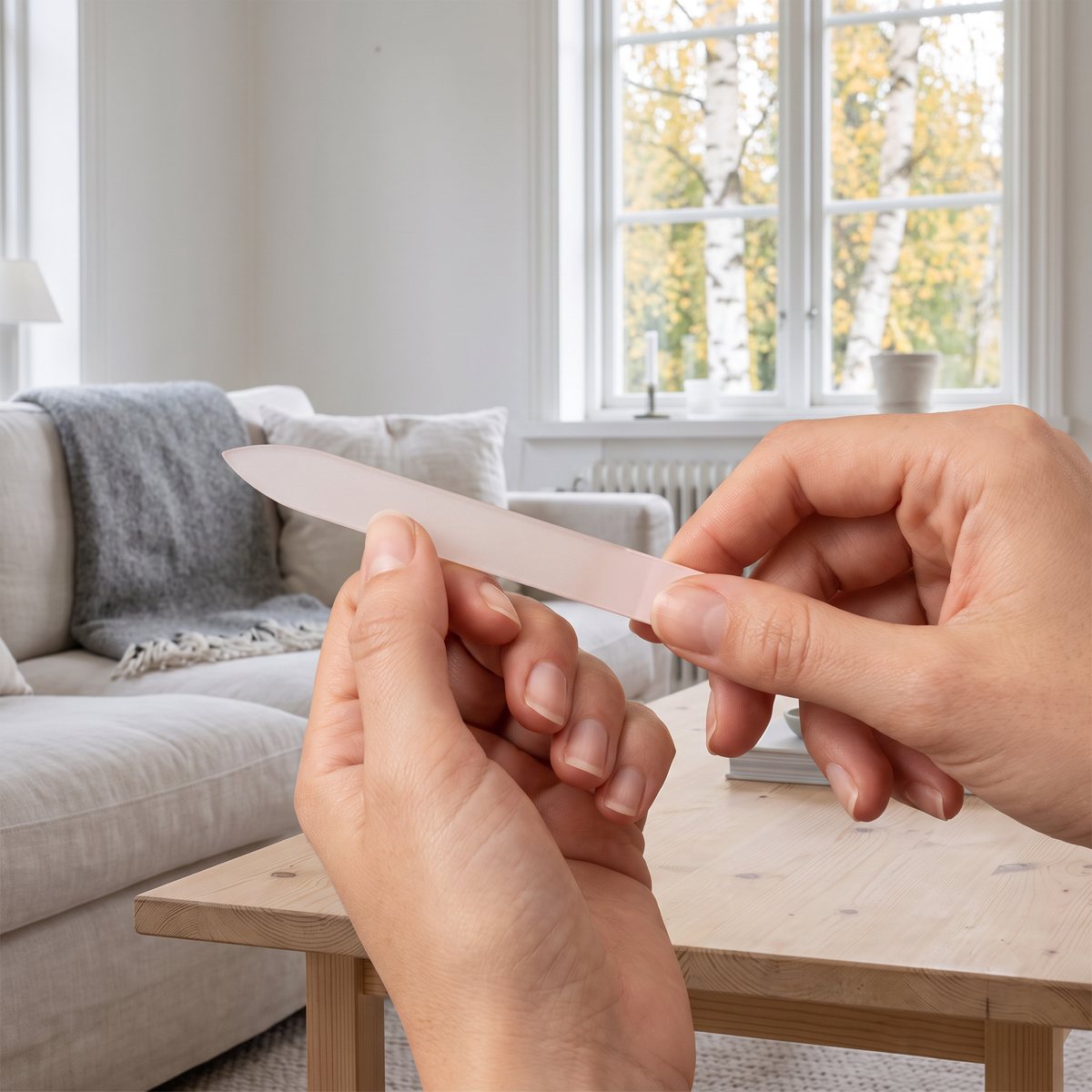 Händer formar en nagel med en ljusrosa glasfil över ett soffbord i furu i ett ljust svenskt vardagsrum med björkar utanför fönstret