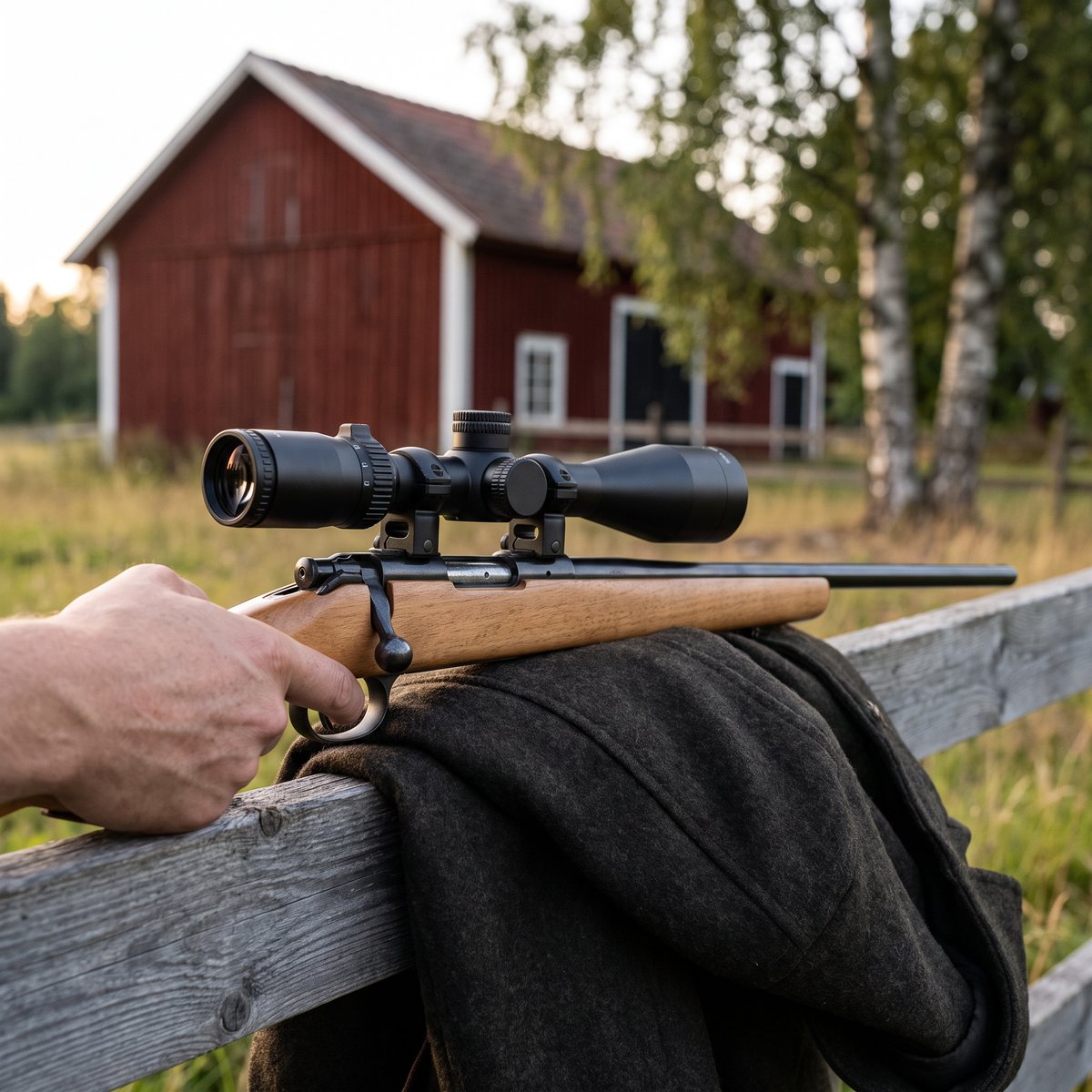 Athlon Neos 3-9x40 på ett lätt salongsgevär som vilar på en jacka över ett gärdsgårdsräcke framför en röd lada
