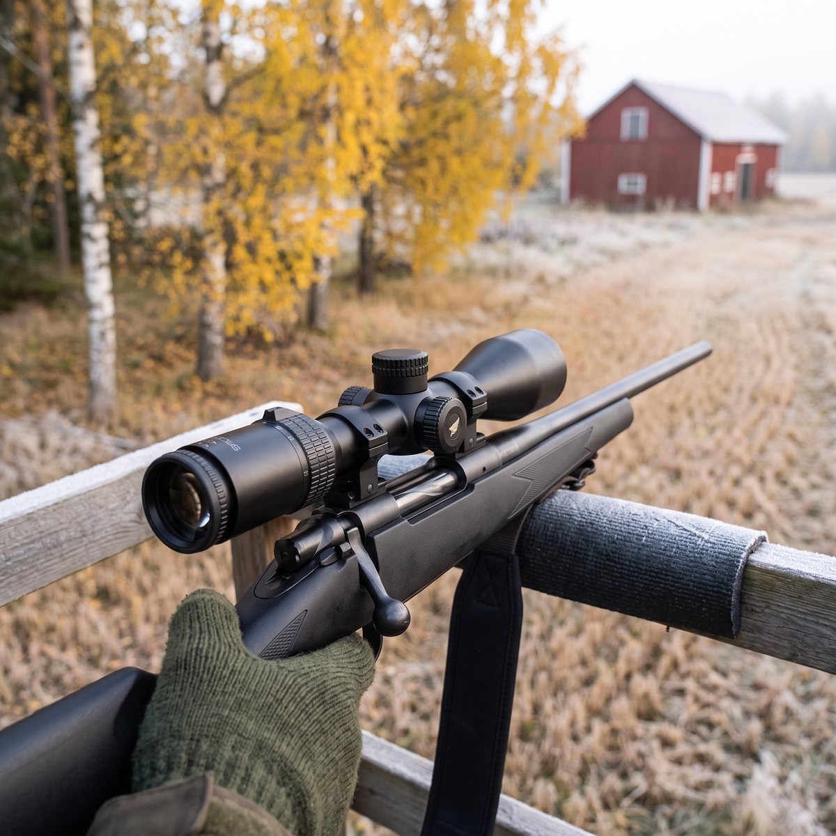 GPO Spectra 6x 2-12x50i på en studsare som vilar mot räcket i ett jakttorn vid en frostig stubbåker med björkar och en röd lada