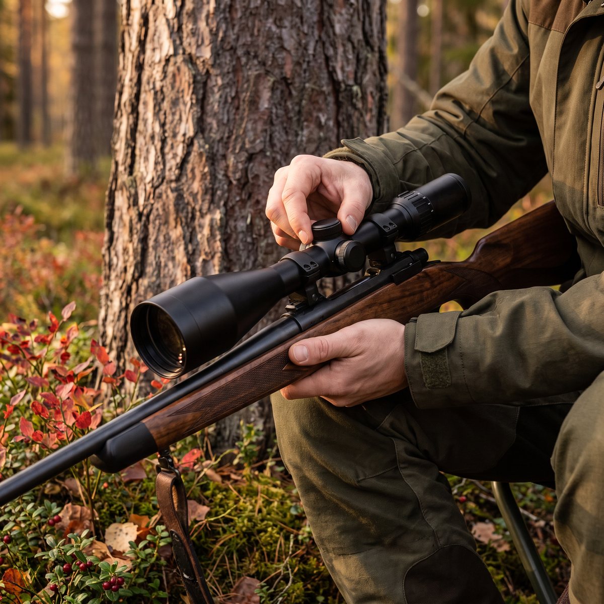 Hawke Vantage 30 WA 2,5-10x50 på en studsare med valnötskolv i knät på en jägare som sitter vid en tall bland höstlöv och lingonris