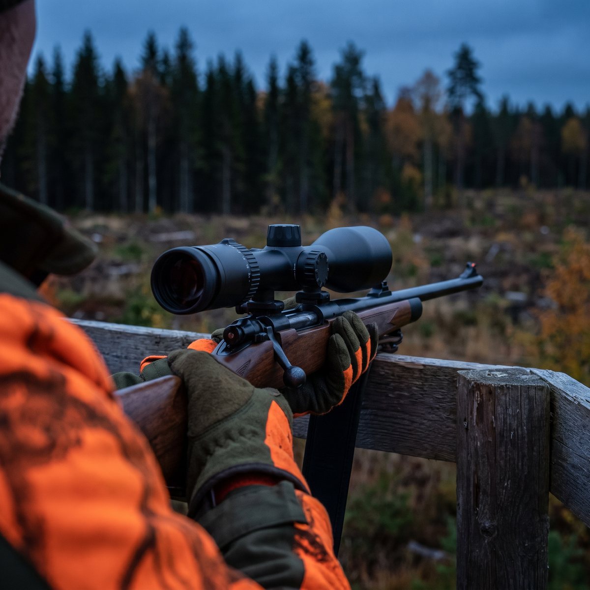 Zeiss Conquest V6 2-12x50 monterat på en jaktstudsare som vilar mot skjutstödet på ett älgpass vid ett kalhygge med granskog i skymningen